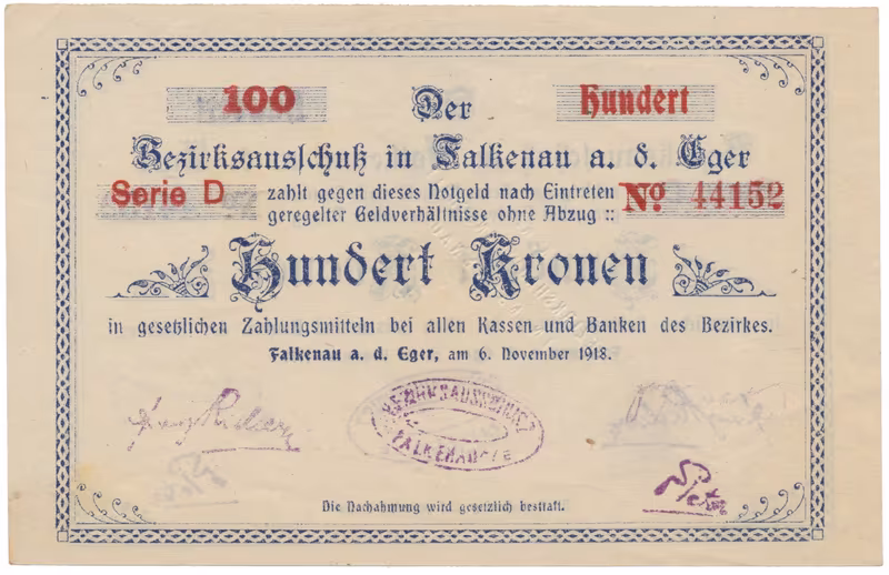Falkenau (Falknov) - okres, 100 K  1918, HH.46.1.9b