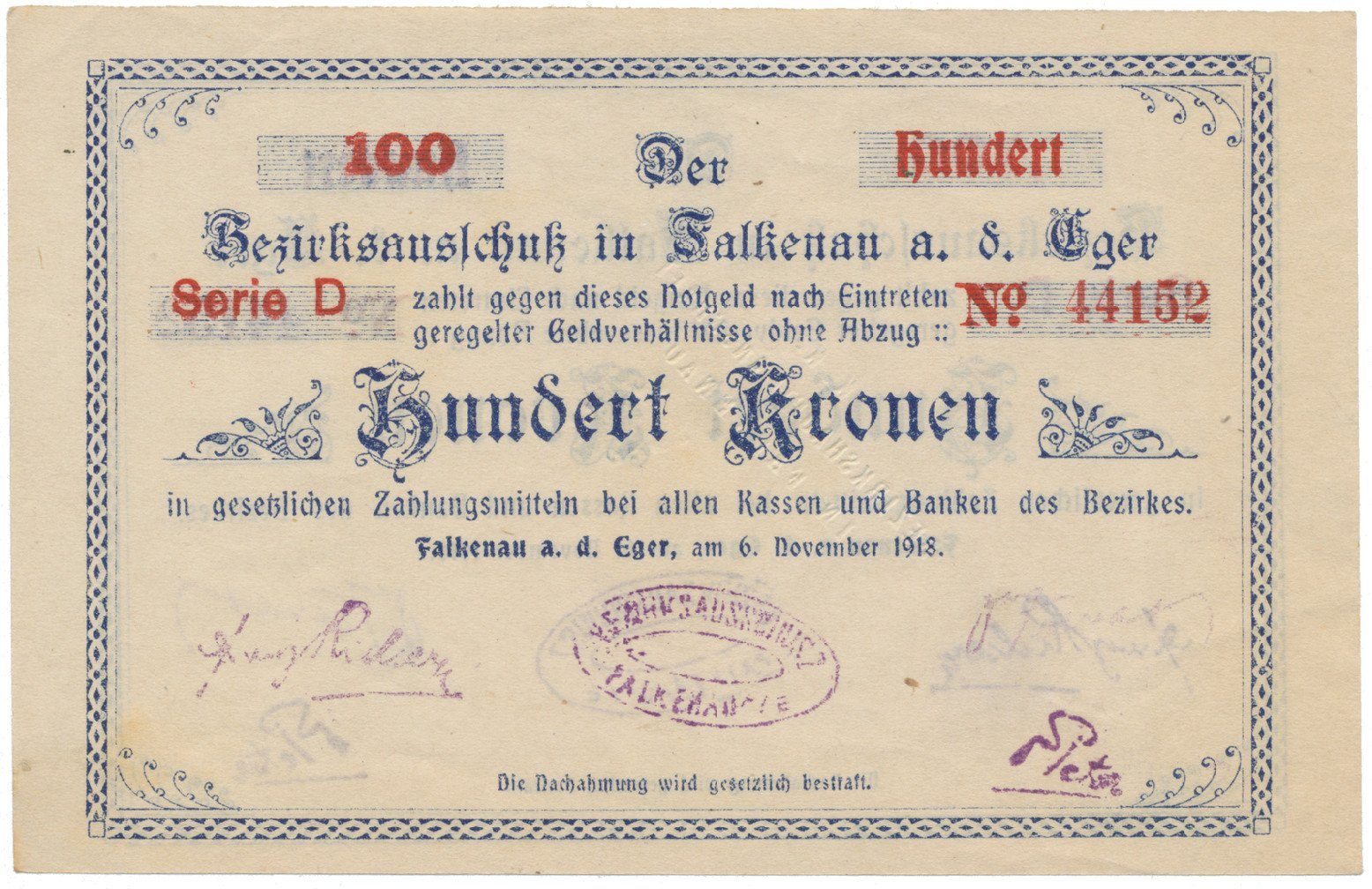 Falkenau (Falknov) - okres, 100 K  1918, HH.46.1.9b