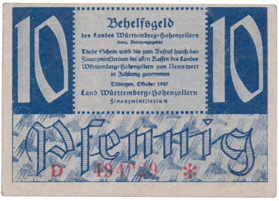 Německo - francouzská okupační zóna, Württemberg, 10 Pfennig 1947, Ros.215b