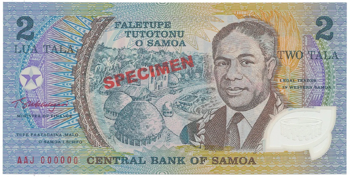 Samoa, 2 Tala (1990), bankovní vzor, AAJ 000000, přetisk SPECIMEN, plastová, P.31es