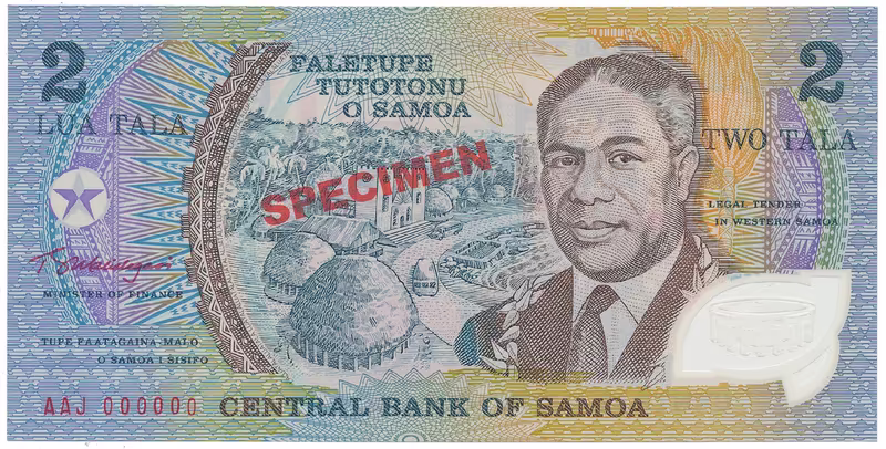 Samoa, 2 Tala (1990), bankovní vzor, AAJ 000000, přetisk SPECIMEN, plastová, P.31es