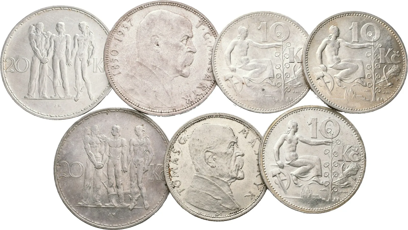 20 Koruna 1933, 1934, 1937 - Masaryk, 10 Kč 1928 - Masaryk, 1930, 1931, 1932, — 1