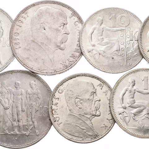 20 Koruna 1933, 1934, 1937 - Masaryk, 10 Kč 1928 - Masaryk, 1930, 1931, 1932,