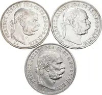 5 Koruna 1900 KB, 1907 KB, 1908 KB, pěkné zachovalosti, patina, škr., oběh_3 ks — 2