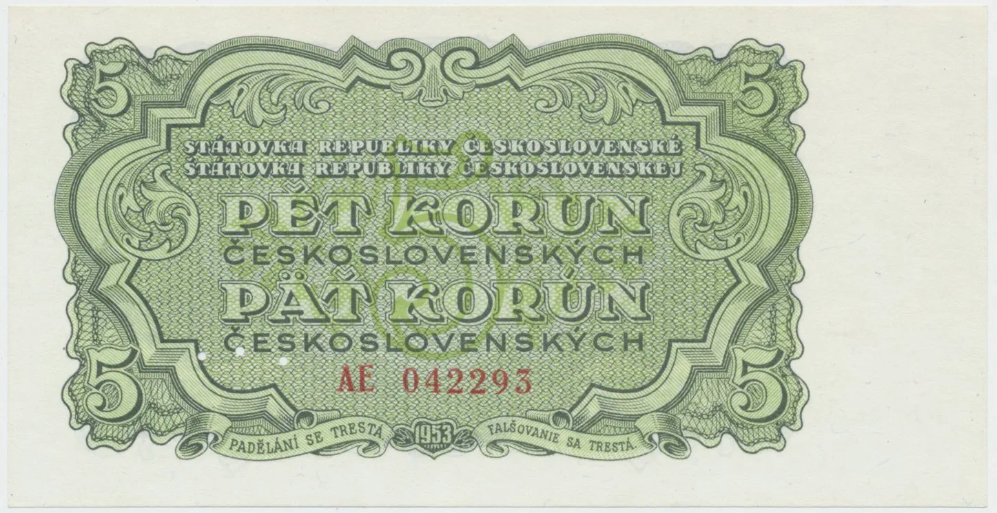 Československo, 5 Koruna 1953, tisk Moskva, série AV, perf. 3 m.d., Hej.91a1.S1