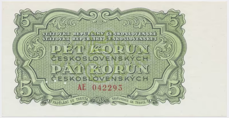Československo, 5 Koruna 1953, tisk Moskva, série AV, perf. 3 m.d., Hej.91a1.S1