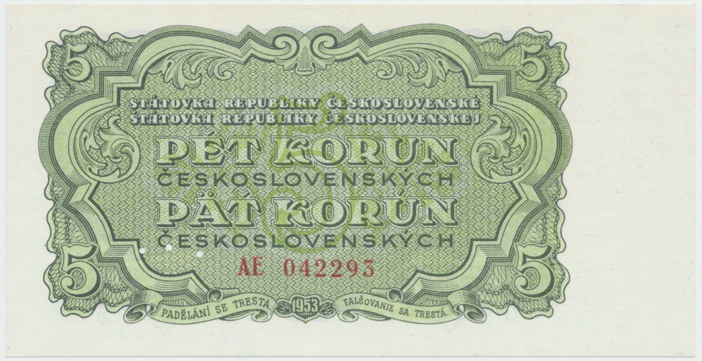 Československo, 5 Koruna 1953, tisk Moskva, série AV, perf. 3 m.d., Hej.91a1.S1