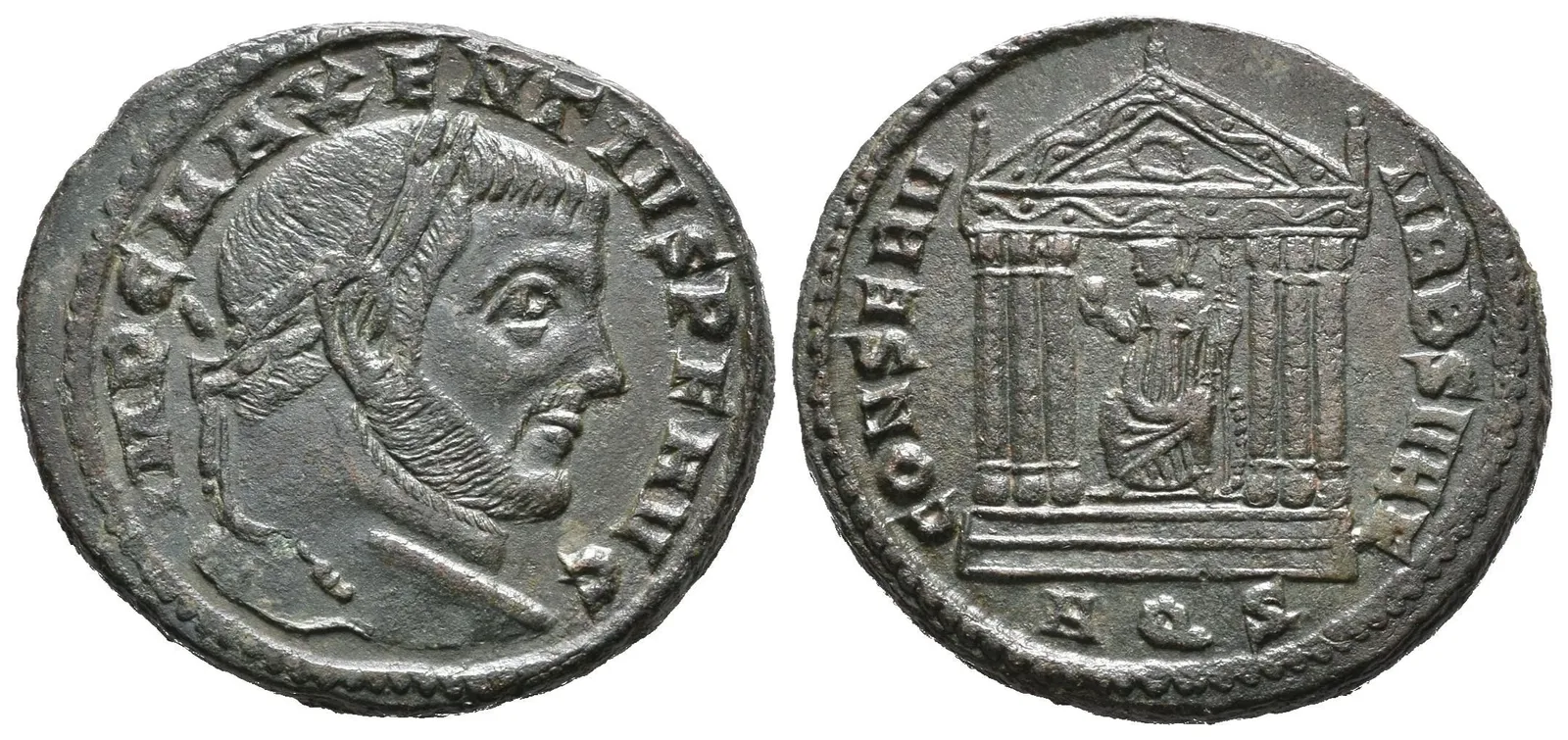 Follis, Aquilea, 307 - 309/10, Rv: CONSERV VRB SVAE, sedící Roma v šestisloupovém — 1