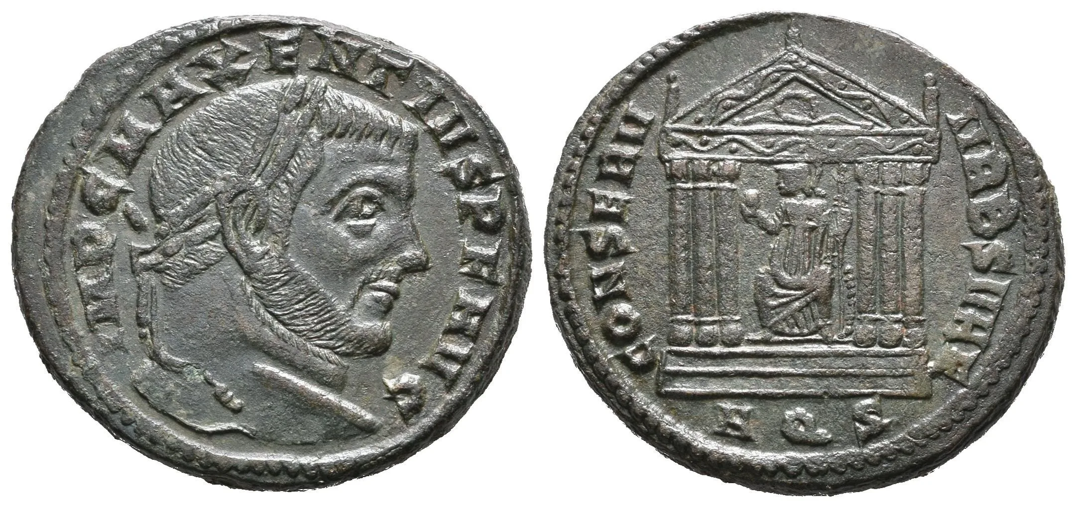 Follis, Aquilea, 307 - 309/10, Rv: CONSERV VRB SVAE, sedící Roma v šestisloupovém — 1