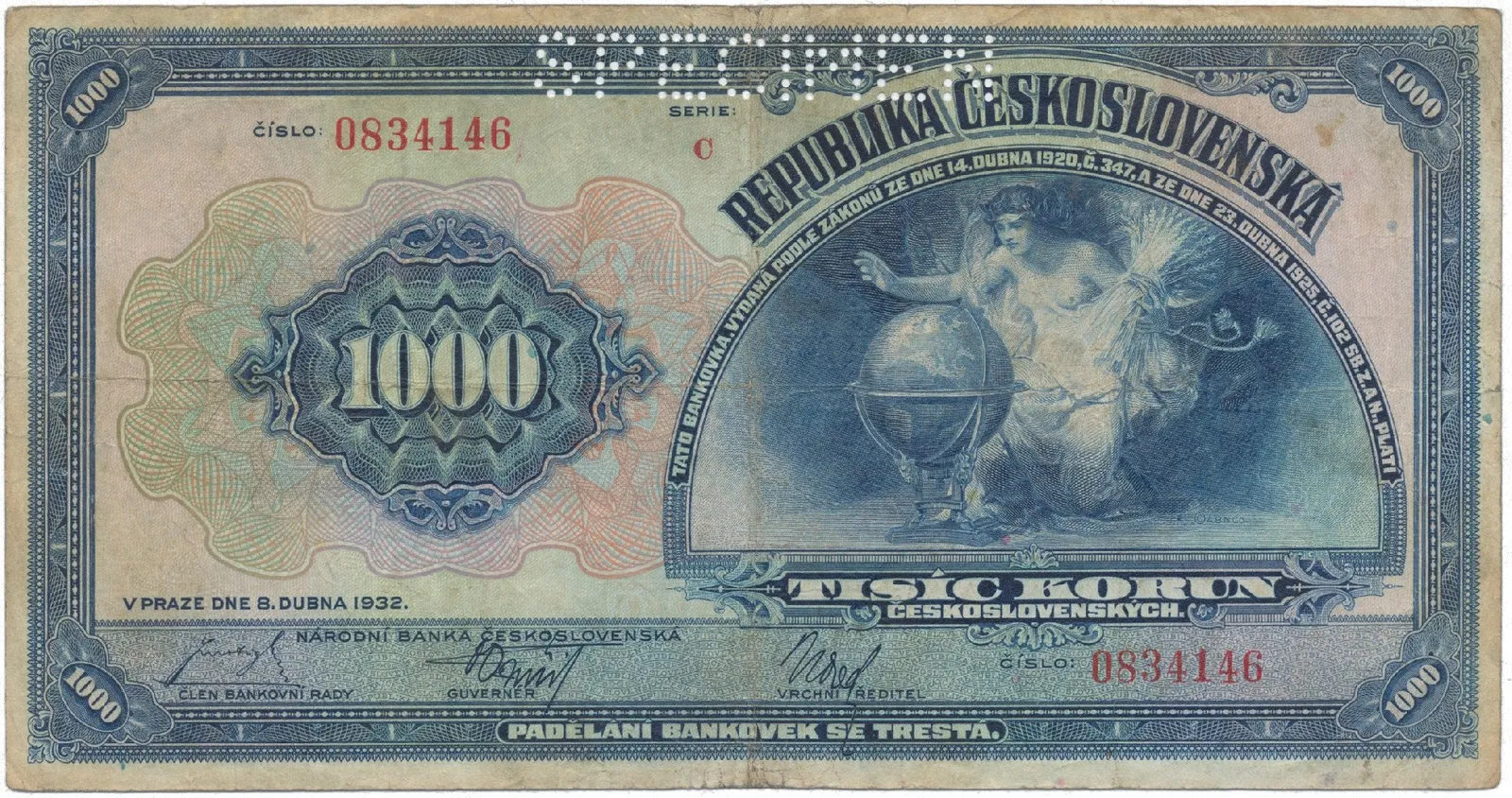 1000 Koruna 1932, série C, SPECIMEN, Hej.26a.S1
