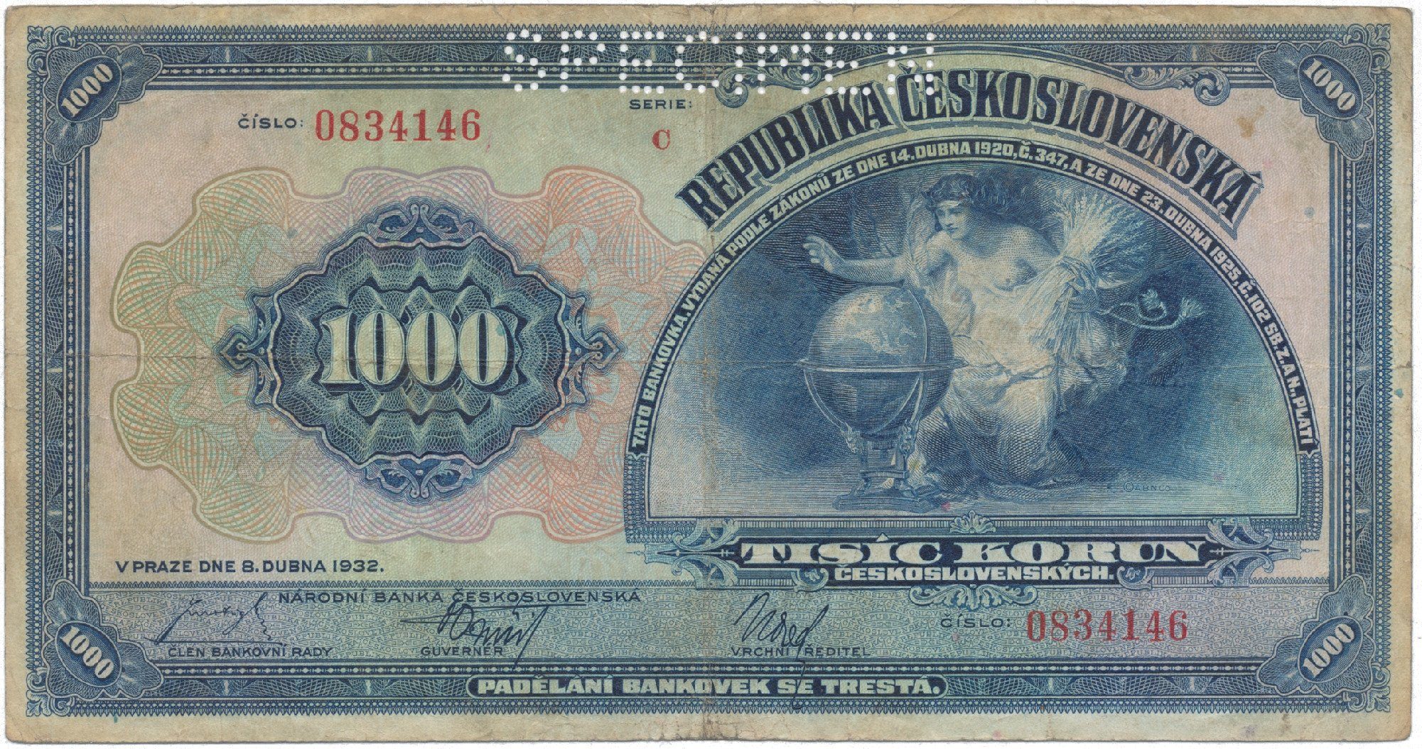1000 Koruna 1932, série C, SPECIMEN, Hej.26a.S1