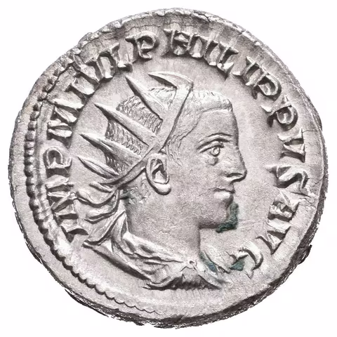 Antoninian, 246 - 247, Rv: AETRNIT IMPER, kráčející Sol doleva nese bič, pravou ruku