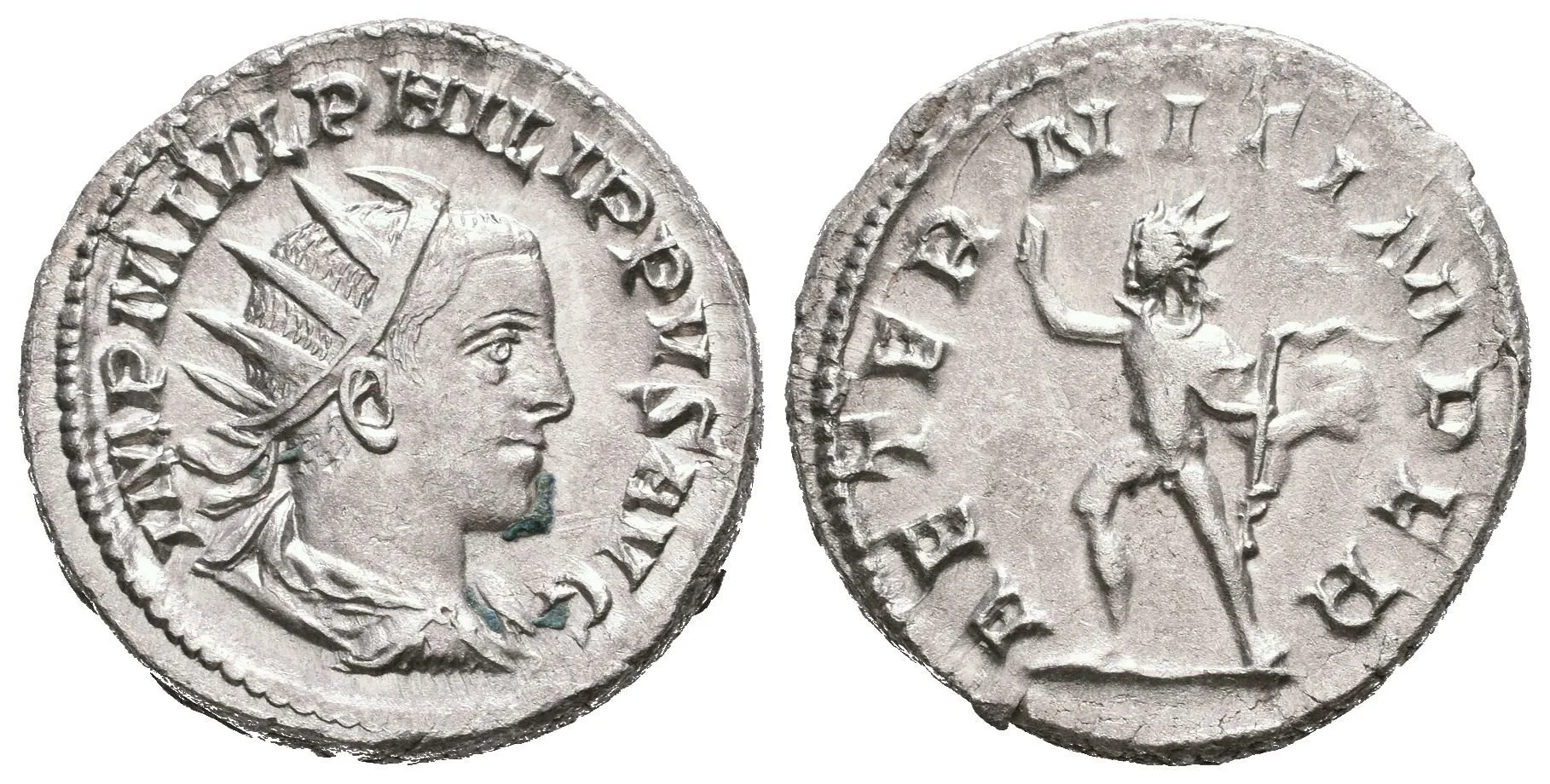 Antoninian, 246 - 247, Rv: AETRNIT IMPER, kráčející Sol doleva nese bič, pravou ruku — 1
