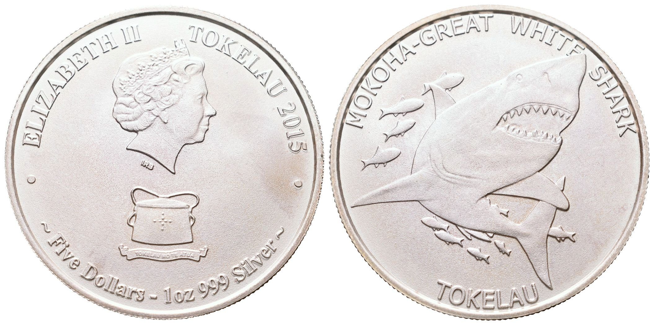 Tokelau, 5 Dollars 2015 - 1 Oz (White Shark)