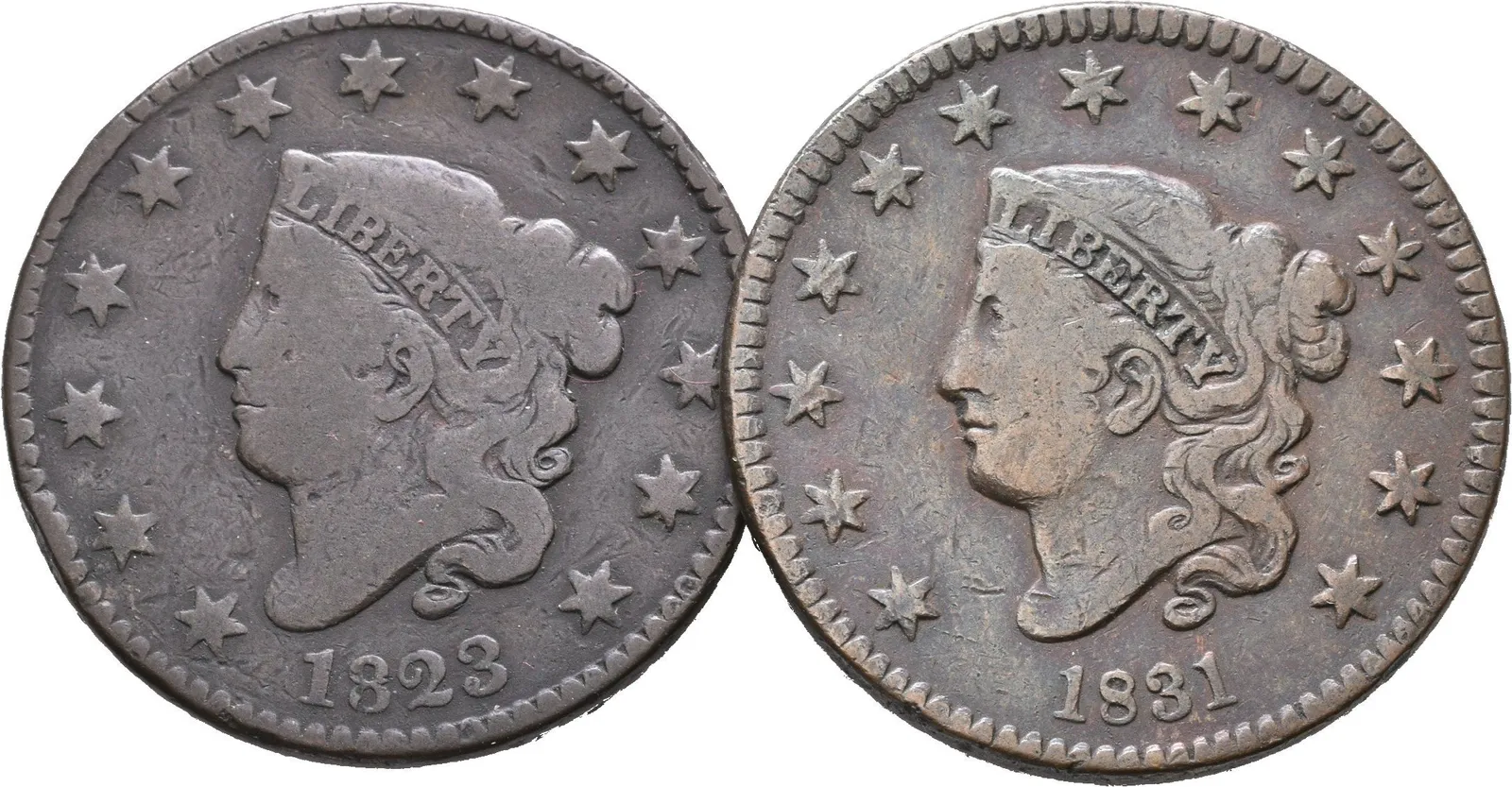 1 Cent 1823, + 1 Cent 1831, KM.45, oběhové zachovalosti, — 1