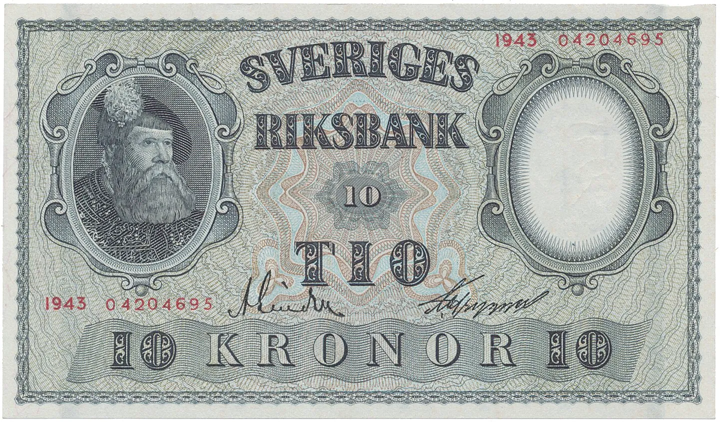 Švédsko, 10 Kronor 1943, červený číslovač, P.40d