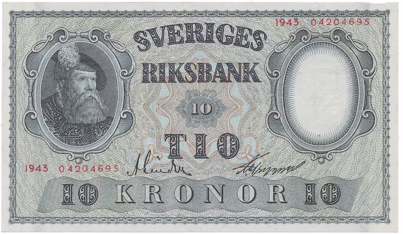 Švédsko, 10 Kronor 1943, červený číslovač, P.40d