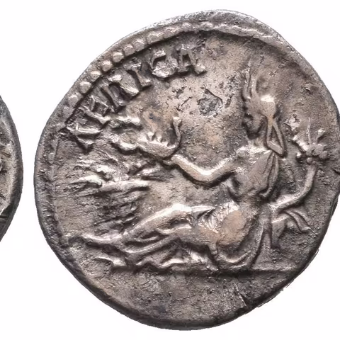 Denár, 134 - 138, Rv: AFRICA, sedící Africa se sloní kůží na hlavě zleva se opírá