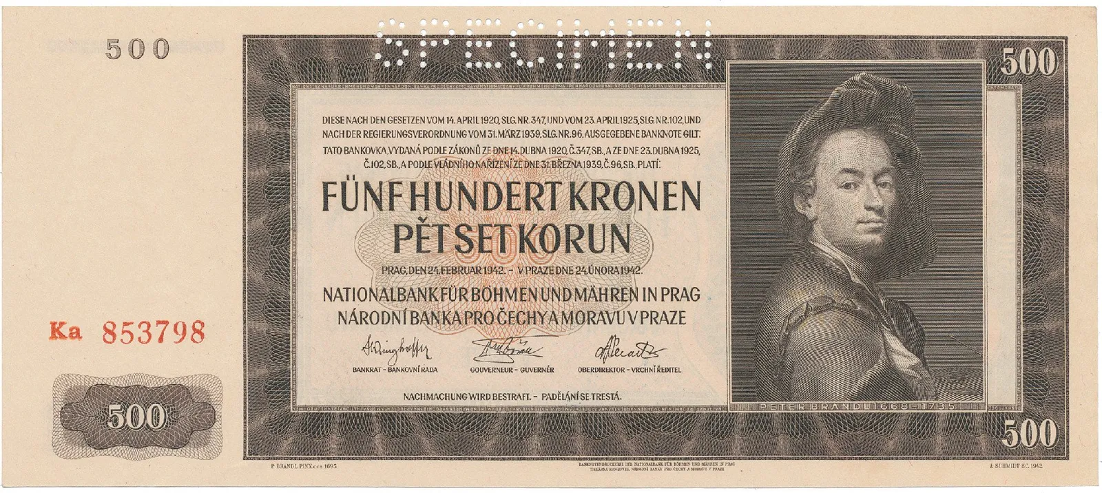 Protektorát Čechy a Morava, 500 Koruna 1942, II. vydání, perf. 1x SPECIMEN, Hej.36a.S1