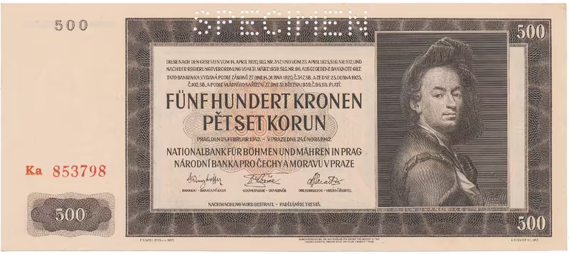 Protektorát Čechy a Morava, 500 Koruna 1942, II. vydání, perf. 1x SPECIMEN, Hej.36a.S1