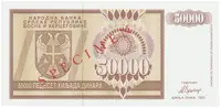 Bosna a Hercegovina, 50.000 Dinara 1993, bankovní vzor, AA 0000000, přet. SPECIMEN, P.140s - fotografie 2