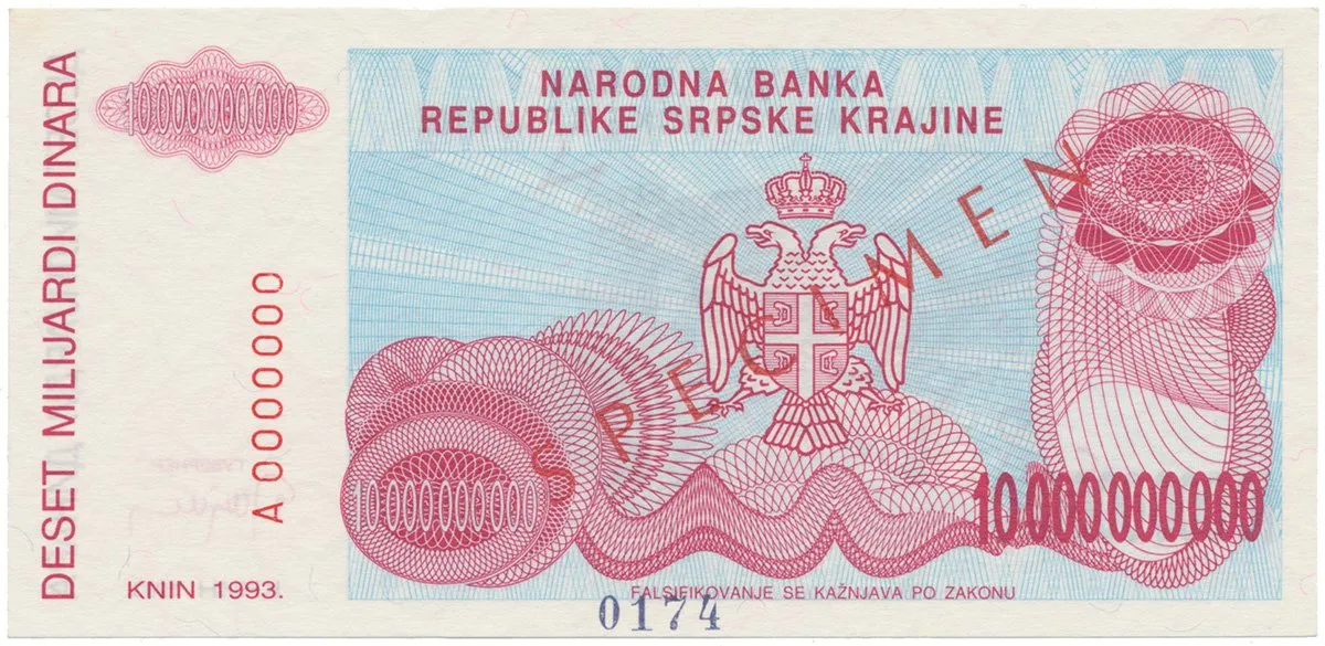 Chorvatsko, 10 Miliardi Dinara 1993, anulát - SPECIMEN, P.R28s