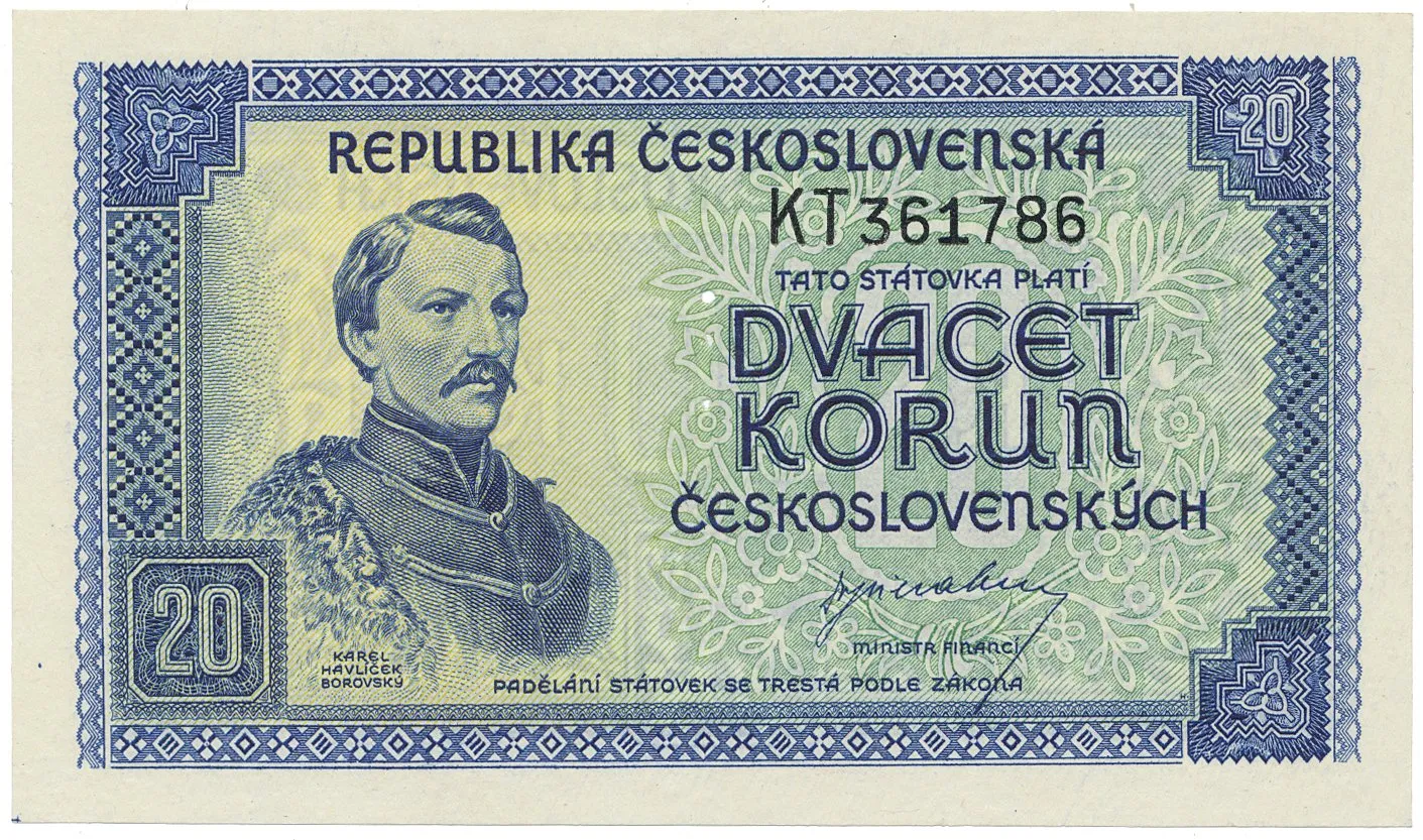 Československo, 20 Koruna b.d. (1945), perforace 3 md svisle, Hej.72a.S1