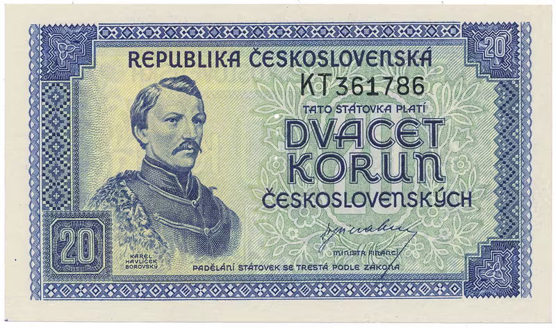 Československo, 20 Koruna b.d. (1945), perforace 3 md svisle, Hej.72a.S1