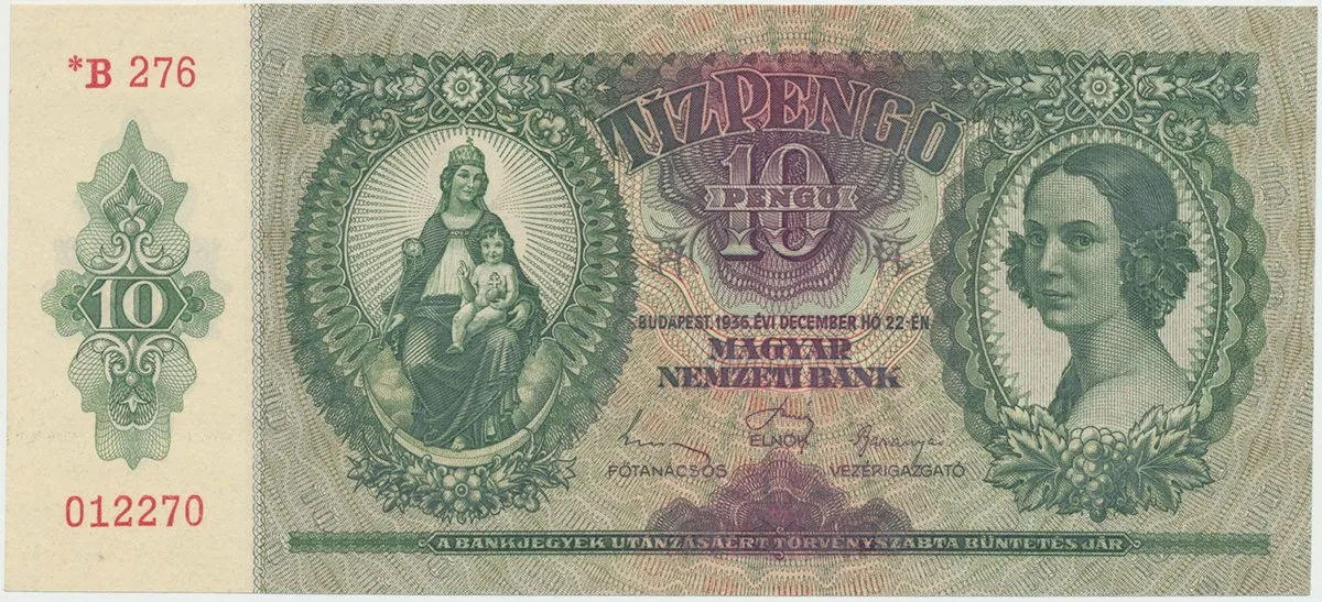 Maďarsko, 10 Pengö 1936, II. vydání s hvězdičkou, Hej.H6b