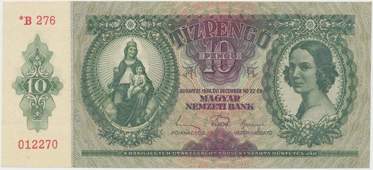 Maďarsko, 10 Pengö 1936, II. vydání s hvězdičkou, Hej.H6b