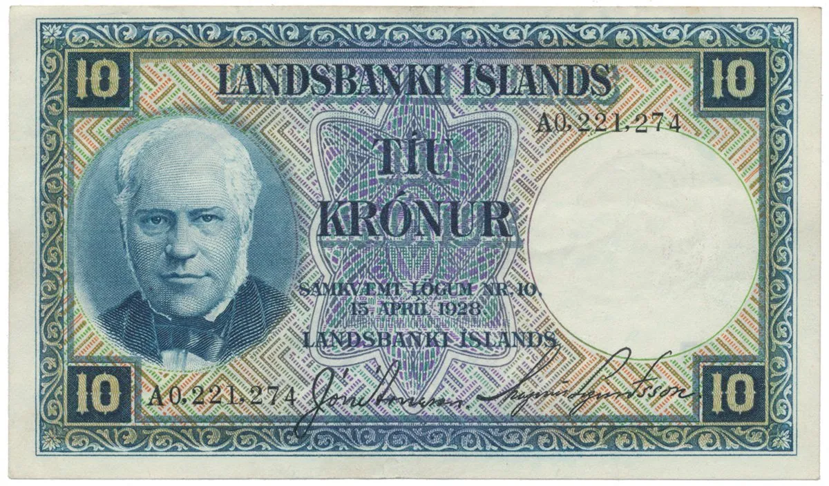 Island, 10 Krónur 1928, modrá, P.28b