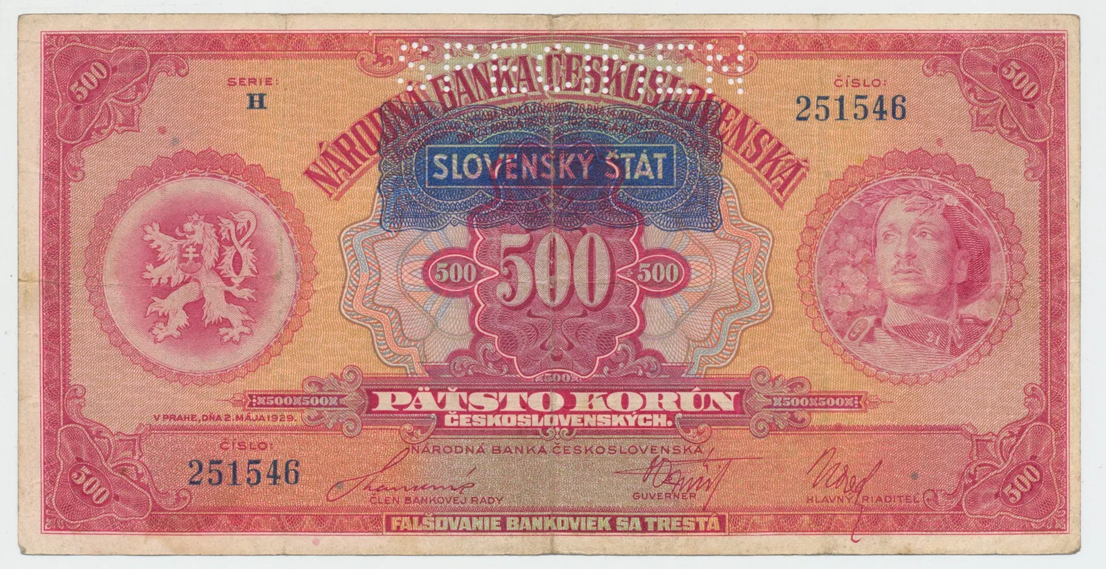 500 Koruna 1929/1939 + přetisk, série H, SPECIMEN, Hej.44a.S1