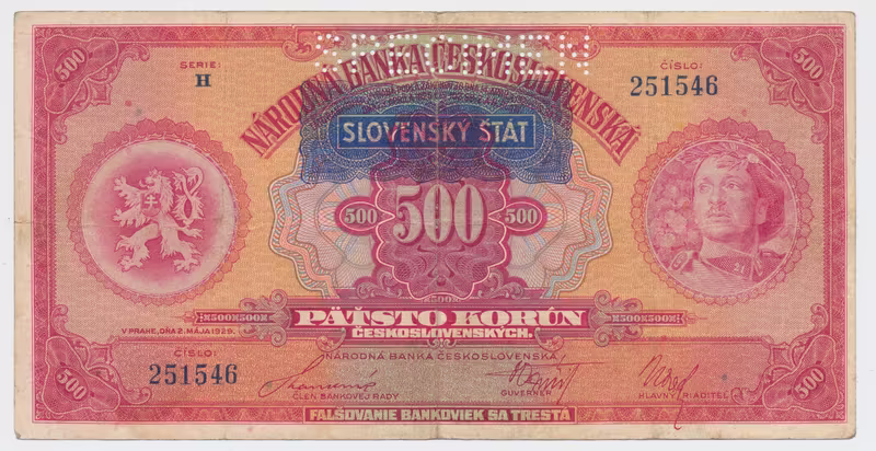 500 Koruna 1929/1939 + přetisk, série H, SPECIMEN, Hej.44a.S1
