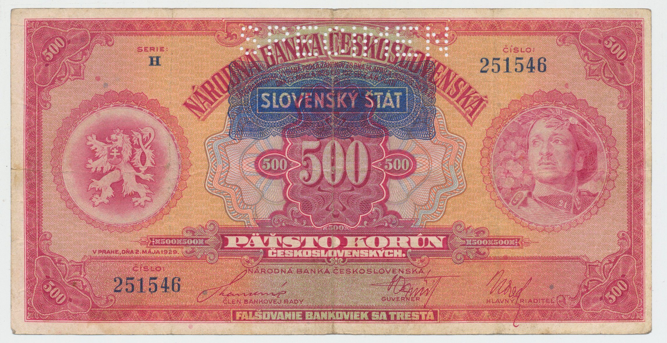 500 Koruna 1929/1939 + přetisk, série H, SPECIMEN, Hej.44a.S1