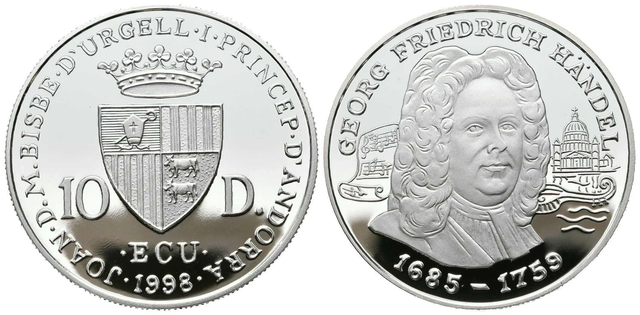 10 Diners 1998 - Georg Friedrich Händel, Ag 0,925 (31,47 g), PROOF, KM.147 — 1