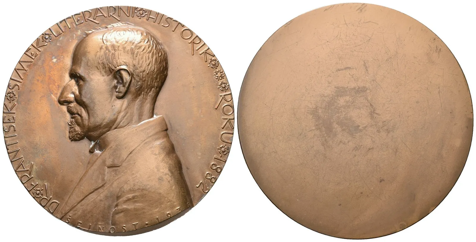 AE Medaile 1938 - František Šimek, literární historik. Poprsí zleva, opis. Jednostranný — 1