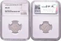 25 Haléř 1933, etue NGC, hodnocení MS 65, — 2