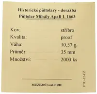 Replika - Historický 1/2 tolar - Mihál Apafi I. 1663 - fotografie 2