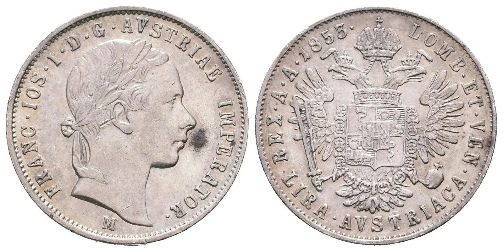 Lira 1853 M, krásná zachovalost, patina, zbytky lesku, skvrna na Av., drobné rysky a hranky_R! — 1