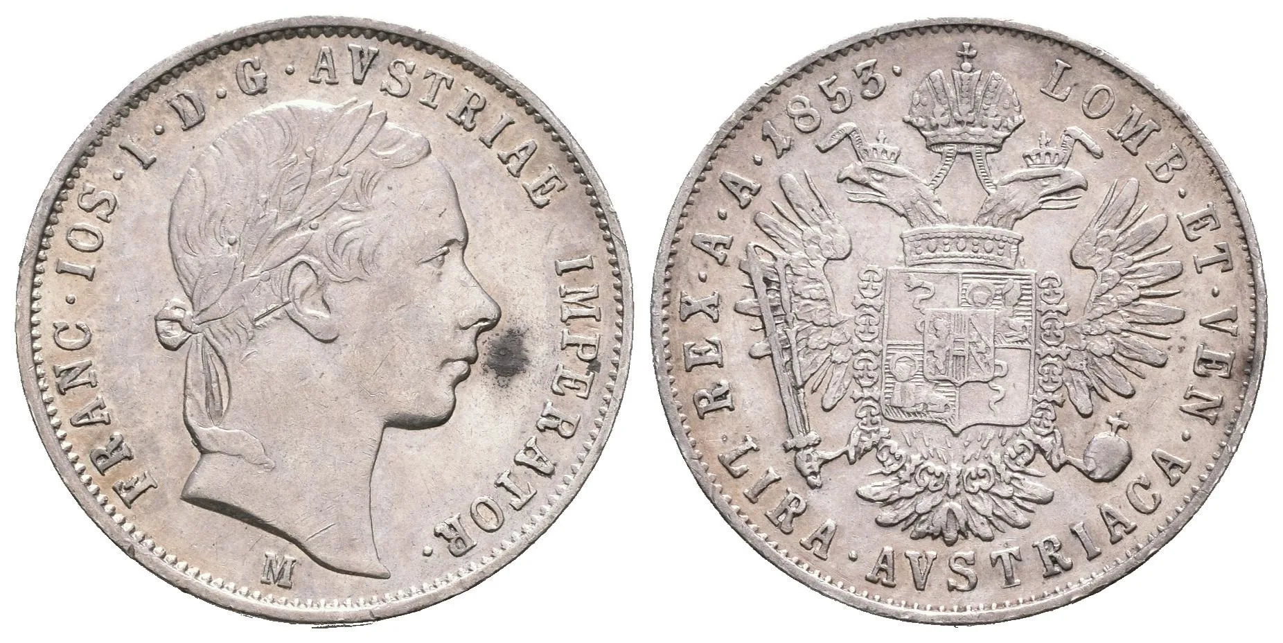 Lira 1853 M, krásná zachovalost, patina, zbytky lesku, skvrna na Av., drobné rysky a hranky_R! — 1