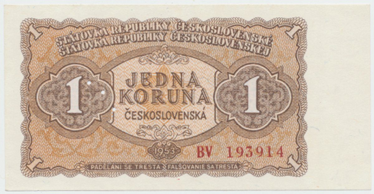 Československo, 1 Koruna 1953, tisk Moskva, série BV, perf. 3 md, Hej.89a1.S1