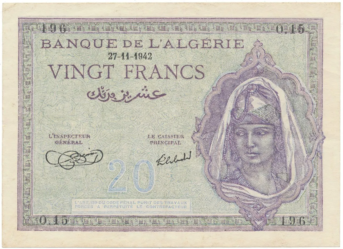 Alžírsko, 20 Francs 1942, P.92a