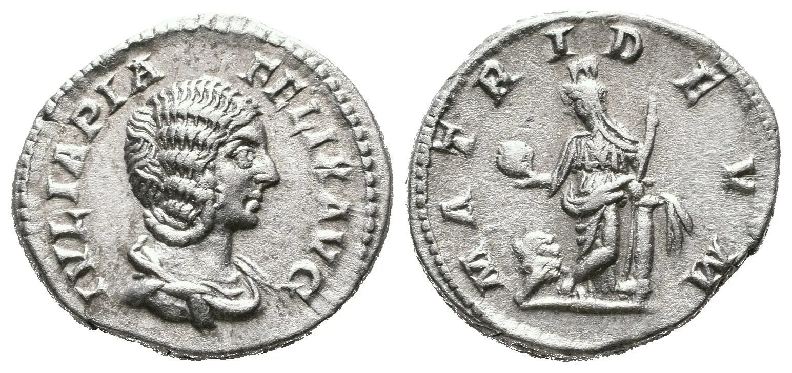 Denár, 211 - 217, Rv: MATRI DEVM, stojící Cybelle čelně drží buben a žezlo, opírá se — 1
