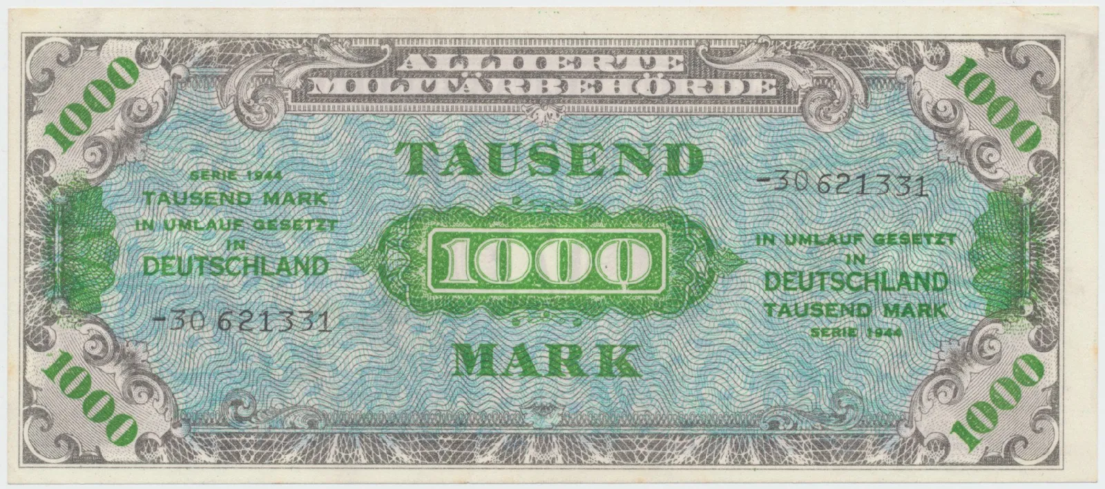 Okupační poukázky Allierte, 1000 Mark 1944, tisk SSSR, 8-místný číslovač, Hej.AM8c