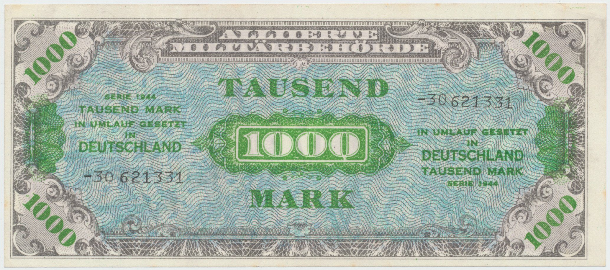 Okupační poukázky Allierte, 1000 Mark 1944, tisk SSSR, 8-místný číslovač, Hej.AM8c