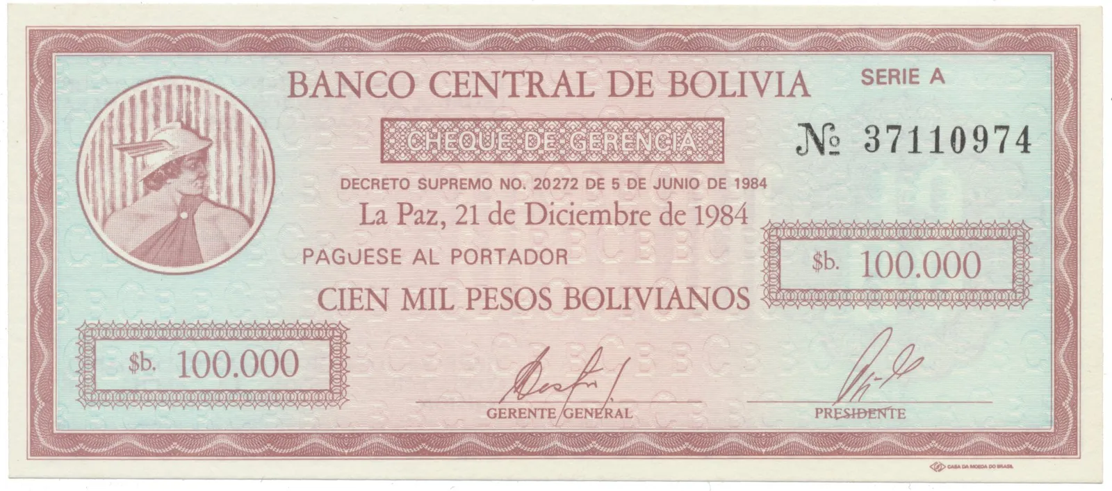 Bolívie, 100.000 Pesos Bolivianos 1984, P.188