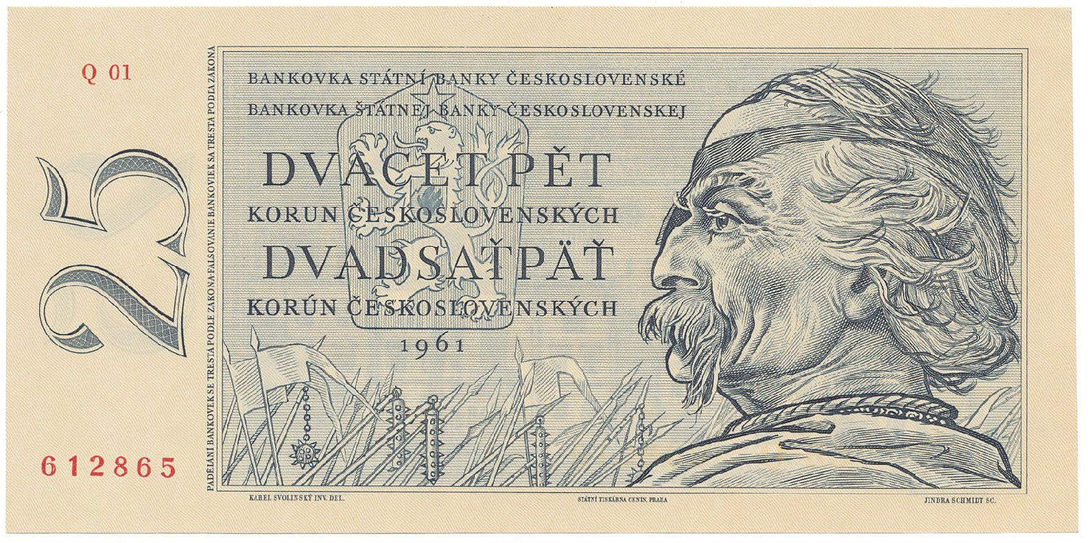 Československo, 25 Koruna 1961, první série Q 01, Hej.100b