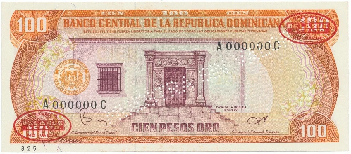 Dominikánská republika, 100 Pesos Oro 1984, anulát - MUESTRA, P.122s2