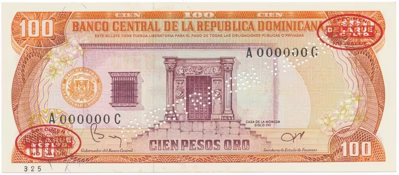 Dominikánská republika, 100 Pesos Oro 1984, anulát - MUESTRA, P.122s2
