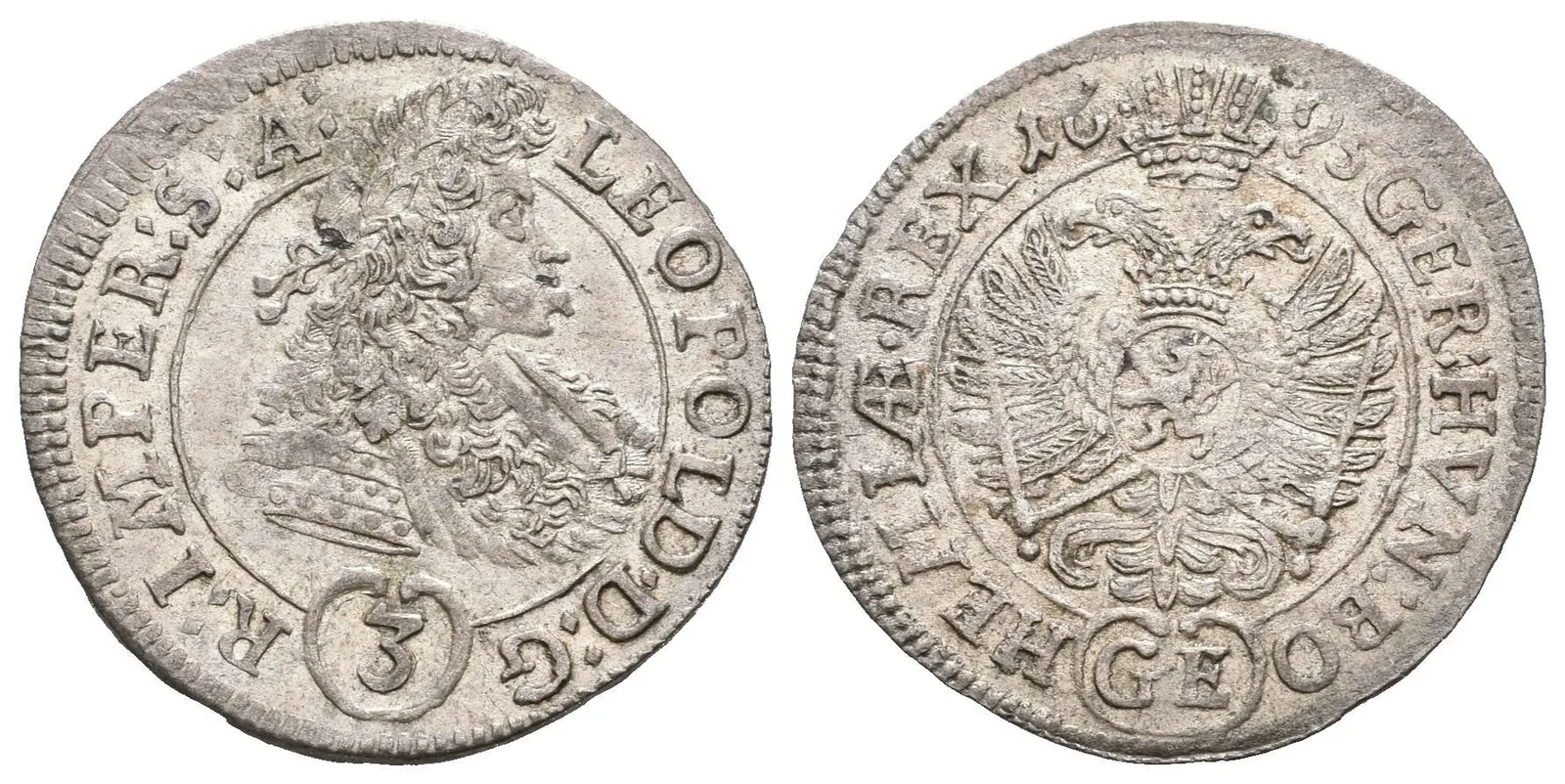 3 Krejcar 1695 GE, Praha-Egerer, zkrácený opis LEOPOLD D G ..., Hal.1426 var., — 1